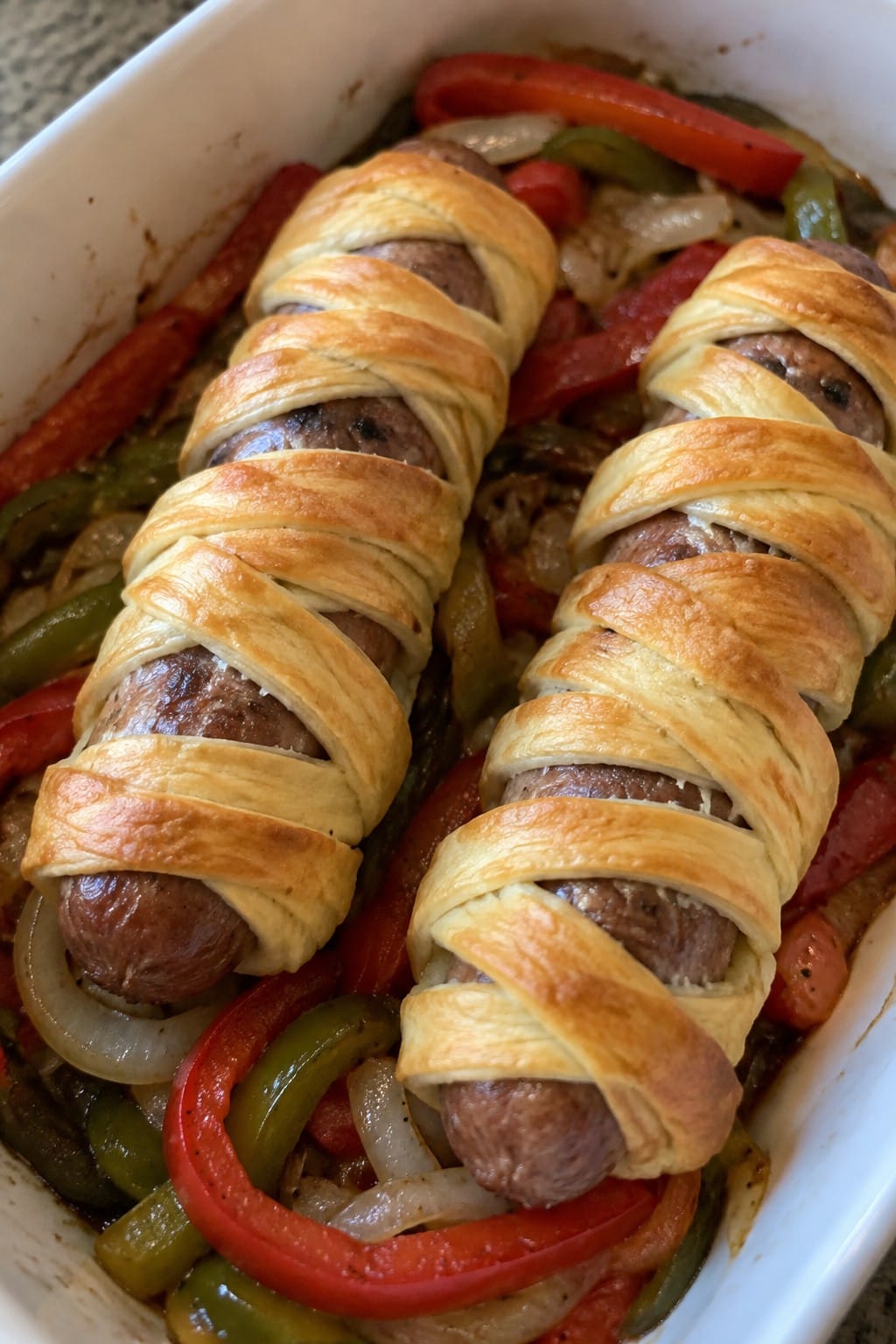 Mummy Wrapped Italian Sausage and Peppers