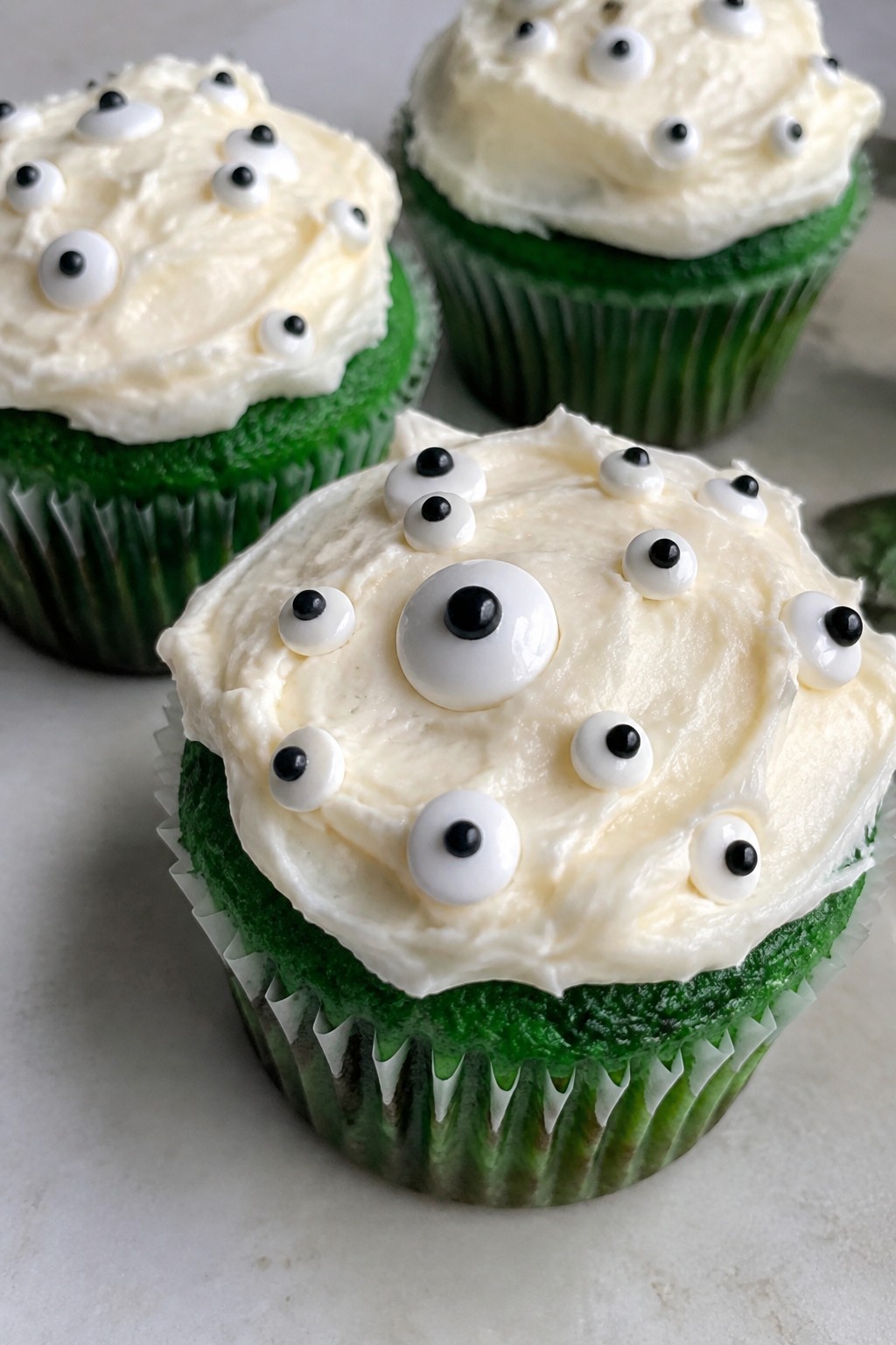 Monster Green Velvet Cupcakes with Candy Eyeballs