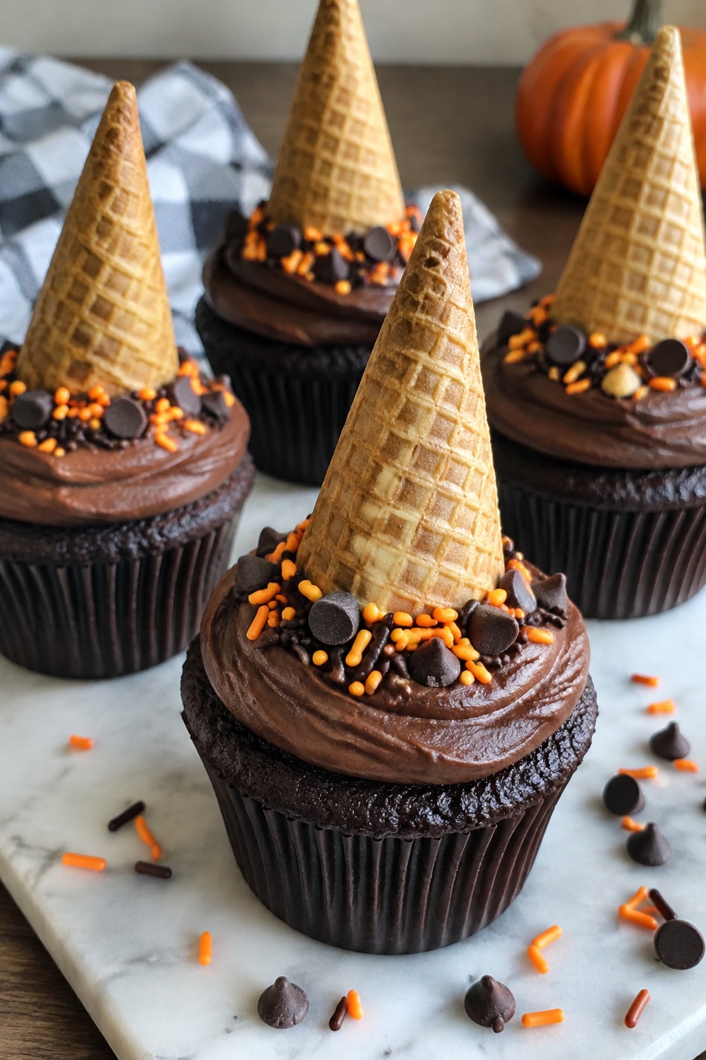 Witch Hat Chocolate Cupcakes with Waffle Cone Tops
