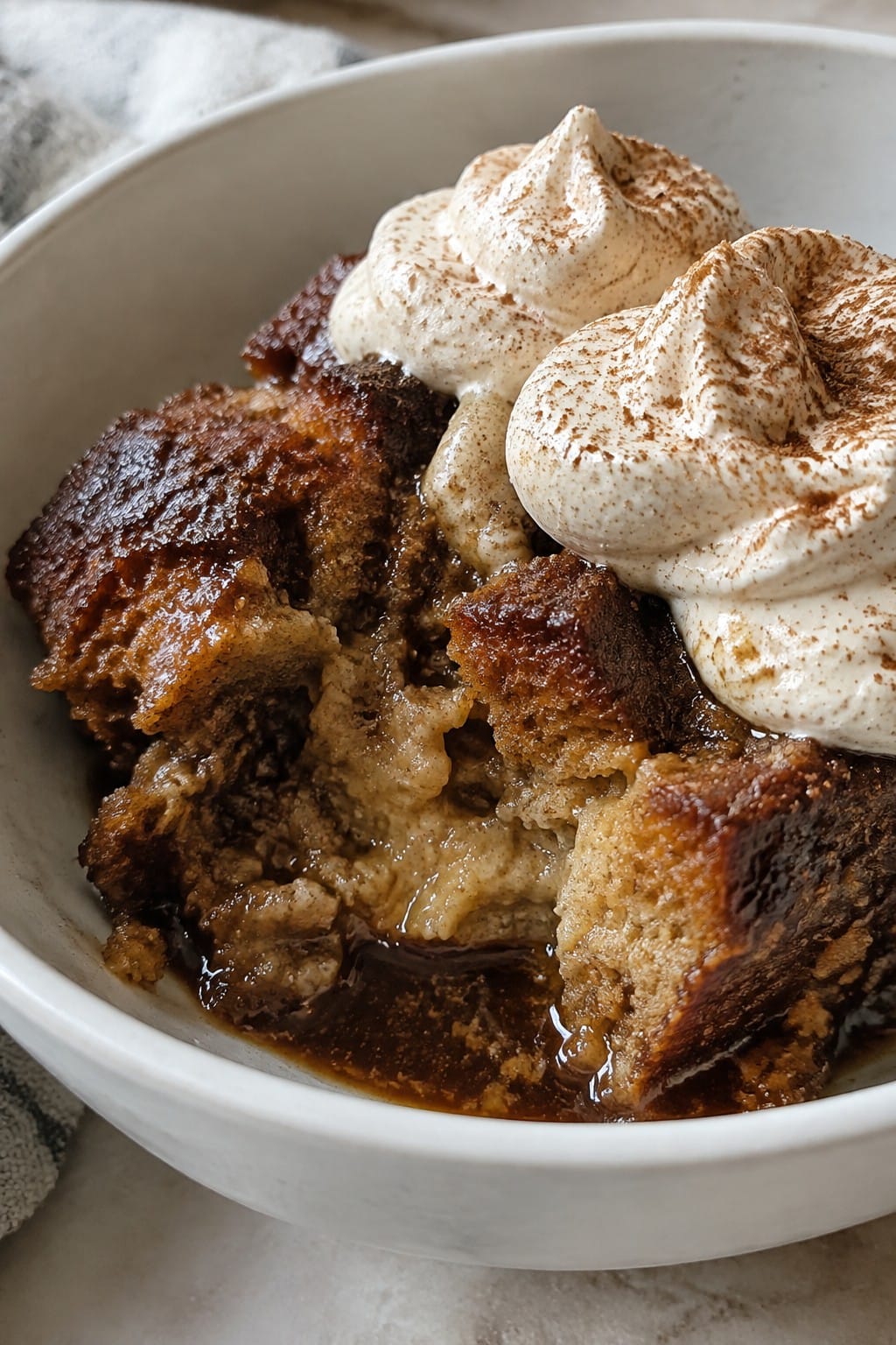 Rum-Soaked Gingerbread Pudding with Molasses Whipped Cream