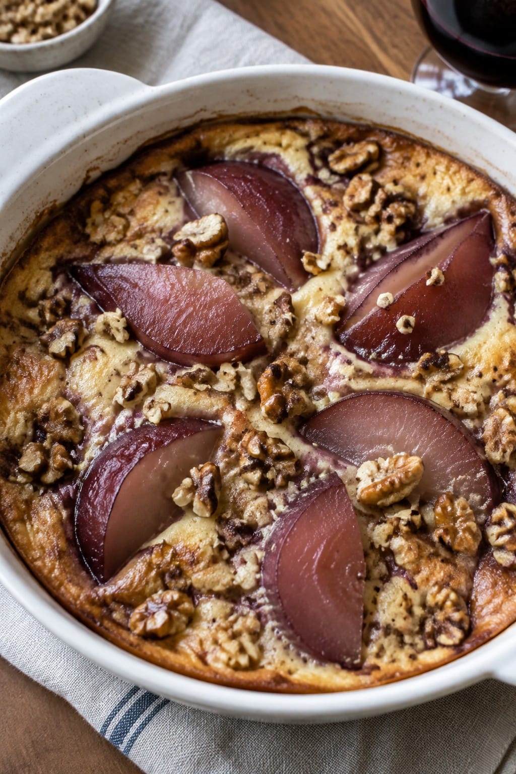 Walnut and Red Wine Poached Pear Clafoutis