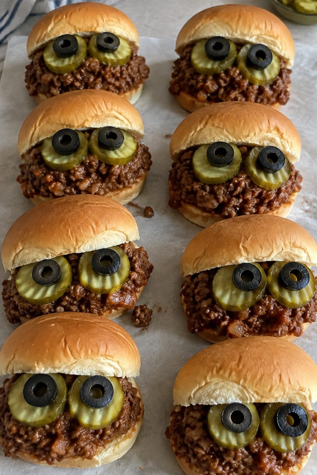Creepy Crawly Sloppy Joe Sliders with Pickle Eyes