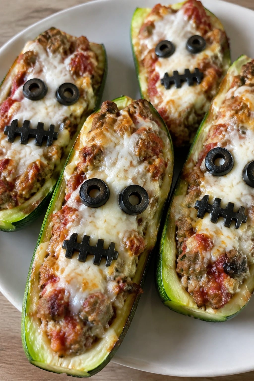Frankenstein Zucchini Boats Filled with Italian Sausage