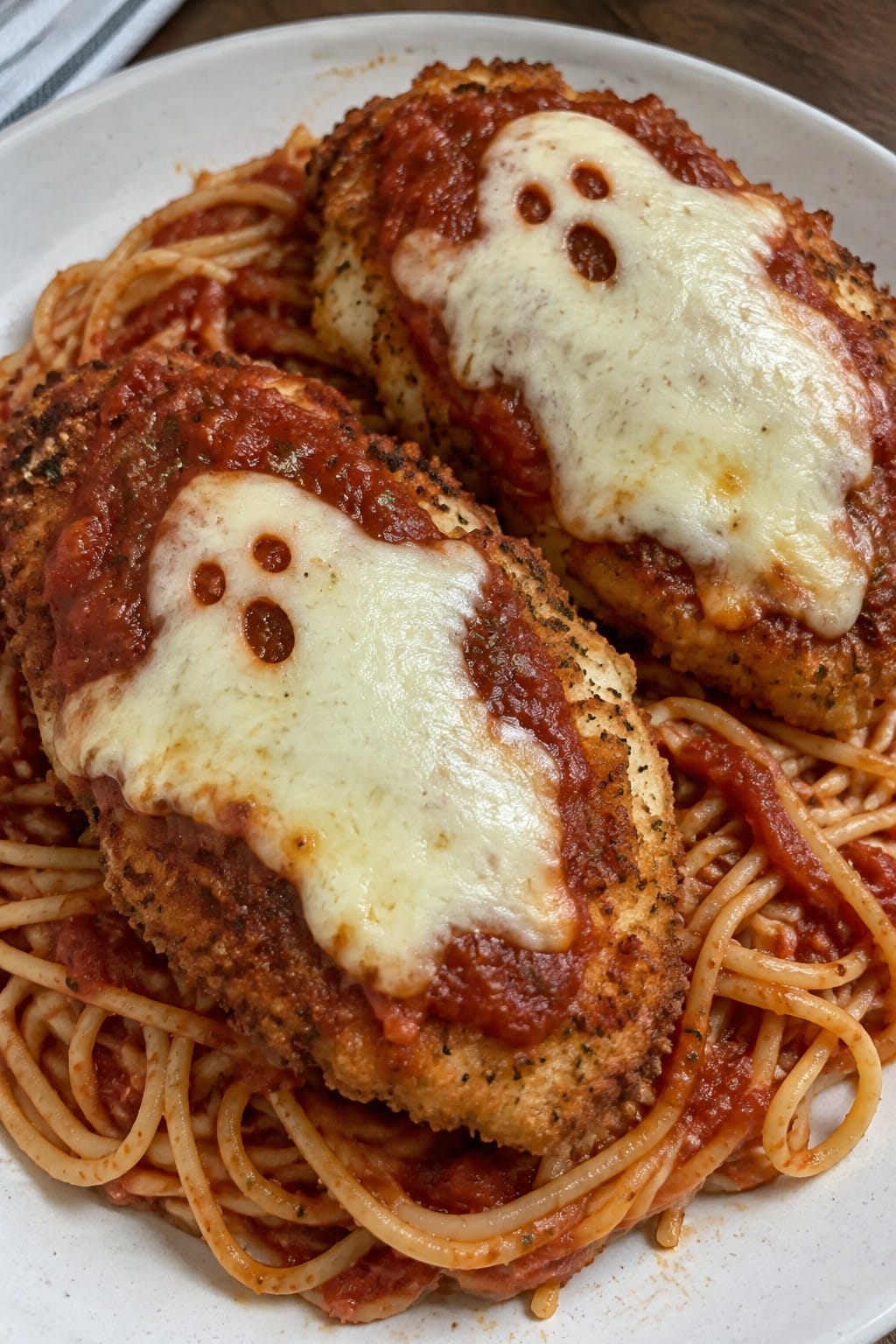 Ghostly Baked Chicken Parmesan with Spaghetti