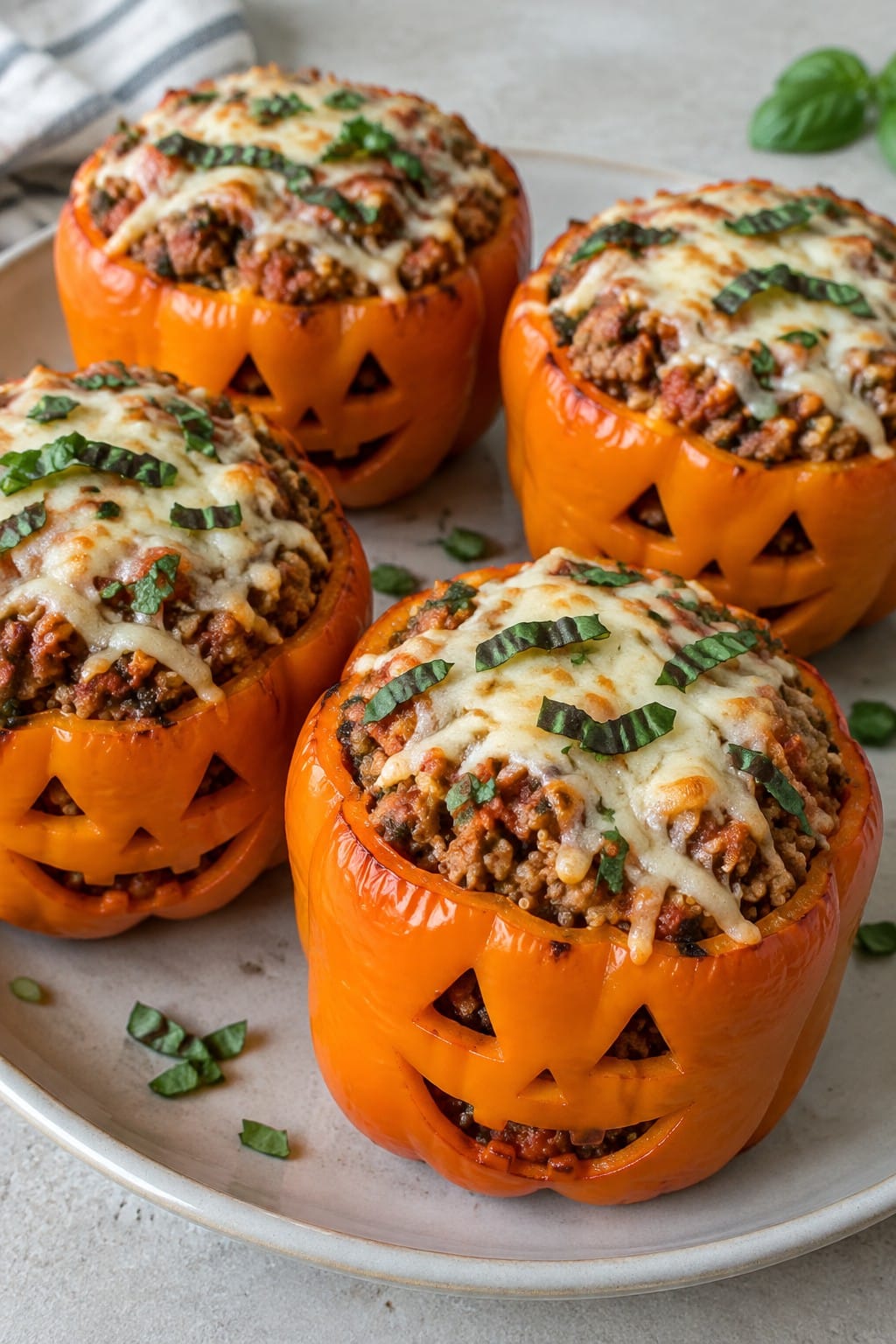 Jack-o'-Lantern Stuffed Peppers with Ground Turkey and Quinoa