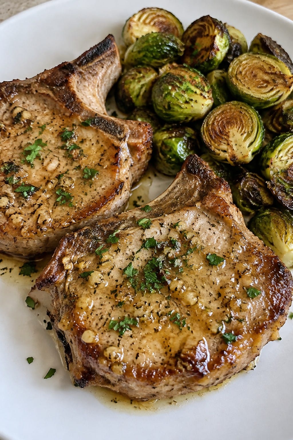 Vampire Garlic Butter Pork Chops with Roasted Brussels Sprouts