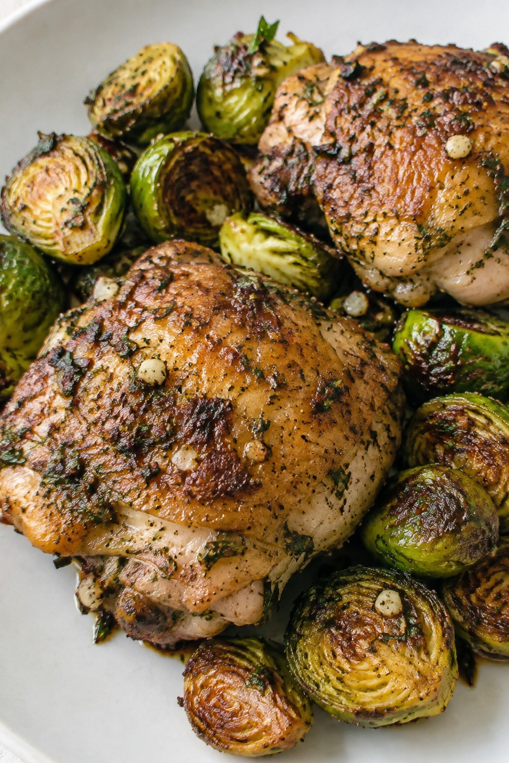 Vampire Garlic Roasted Chicken Thighs with Brussels Sprouts