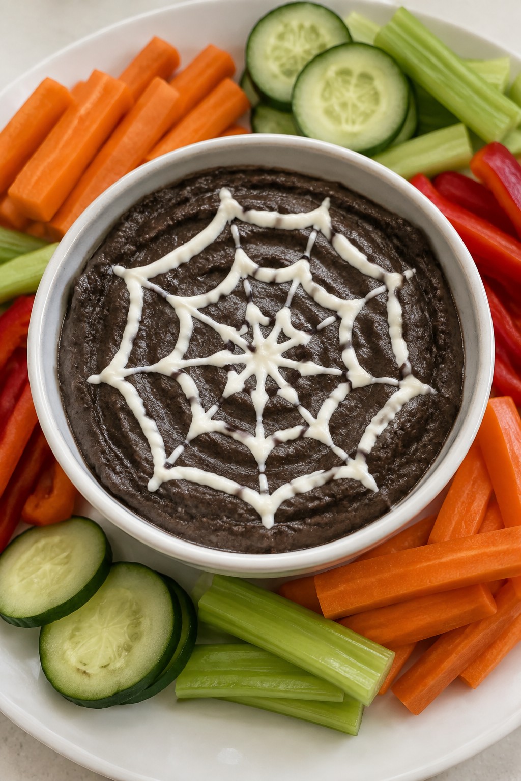 Spiderweb Black Bean Hummus with Veggie Dippers