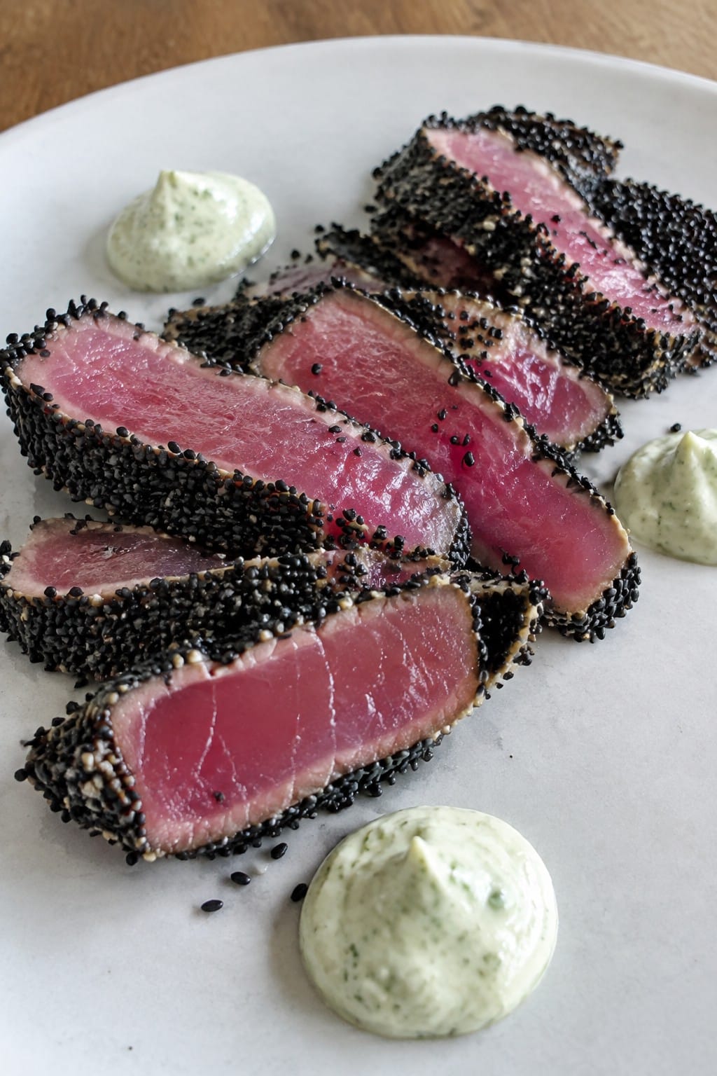 Black Sesame Crusted Tuna Crisps with Wasabi Crema