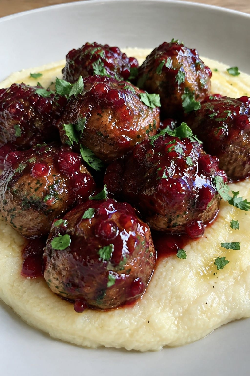 Pomegranate-Glazed Meatballs over Creamy Polenta
