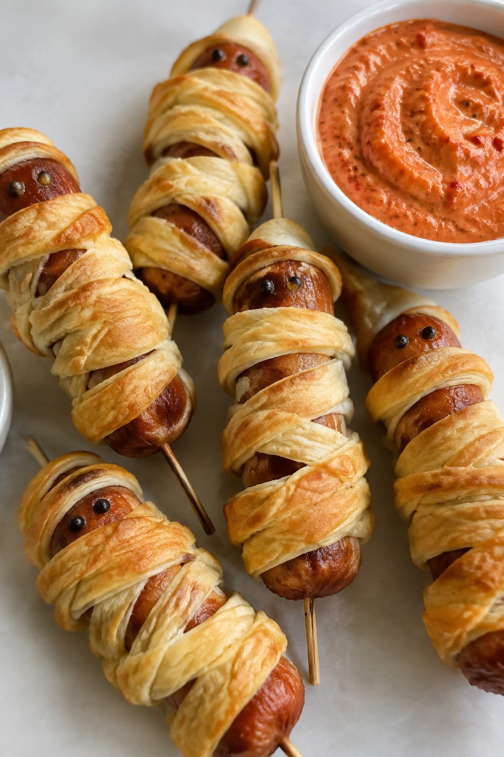 Mummy-Wrapped Italian Sausage Skewers with Roasted Red Pepper Dip