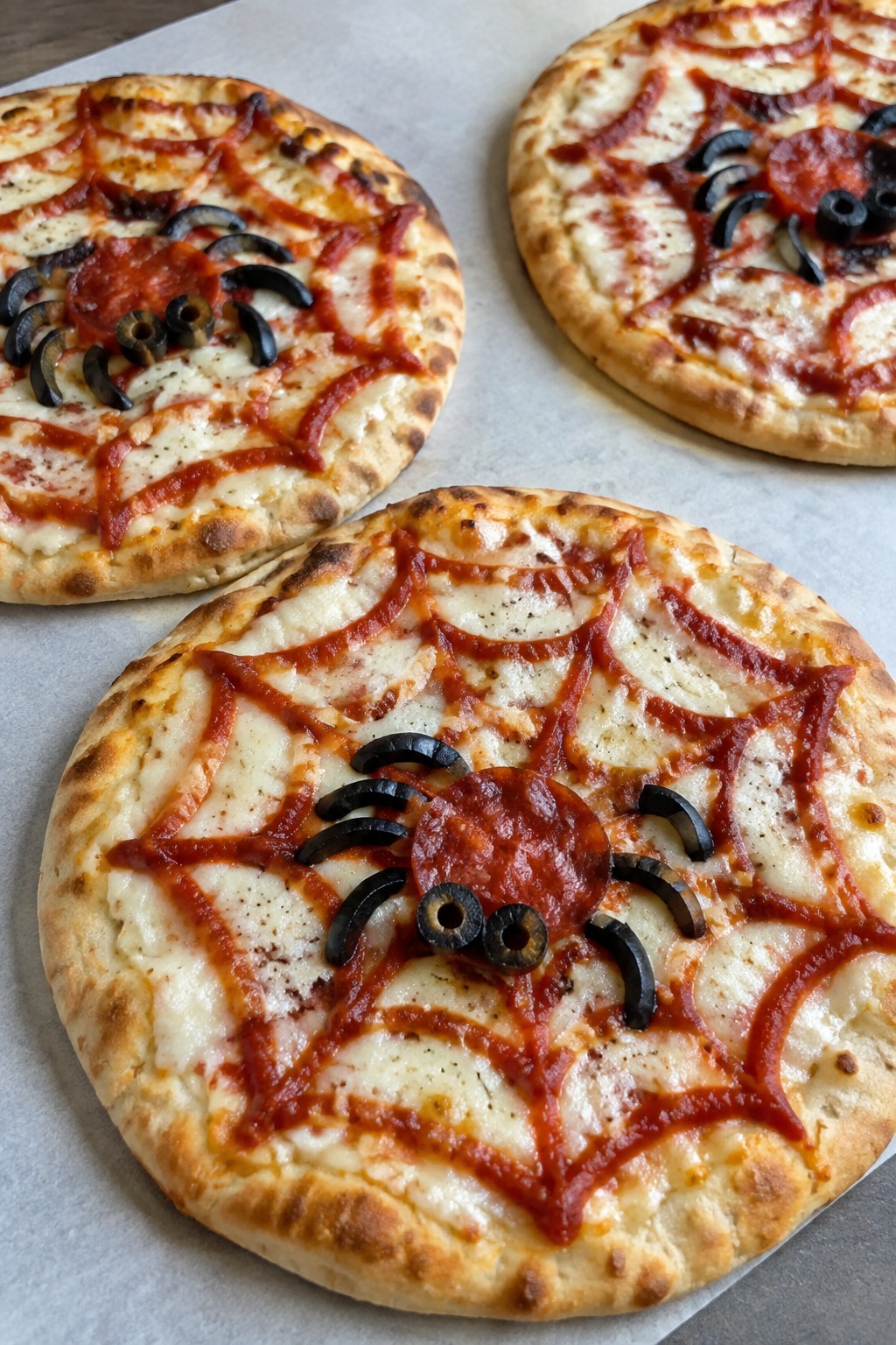 Spiderweb Flatbread Pizzas with Olive and Pepperoni Spiders