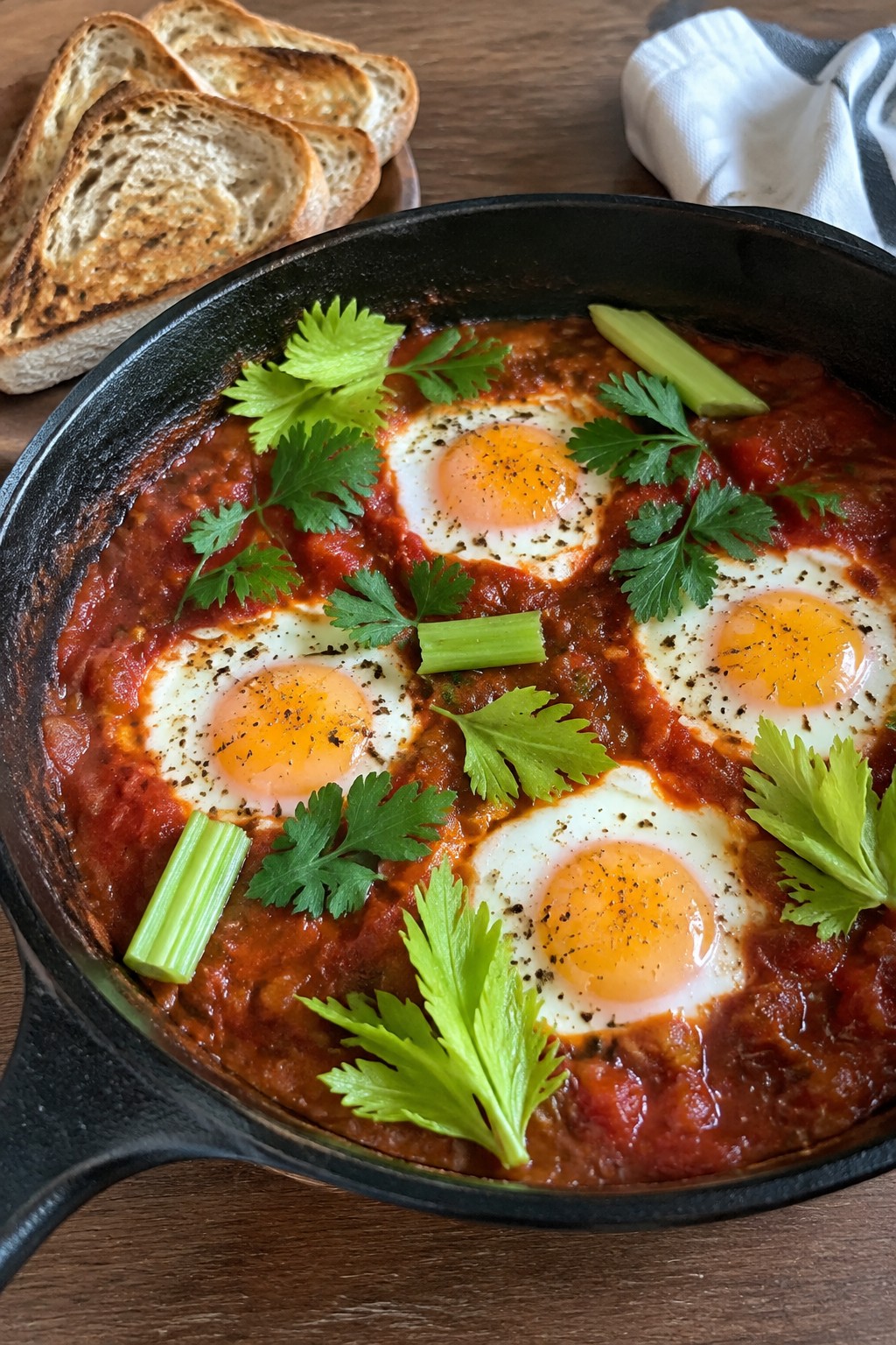Bloody Mary Tomato Skillet with Poached Eggs and Toast