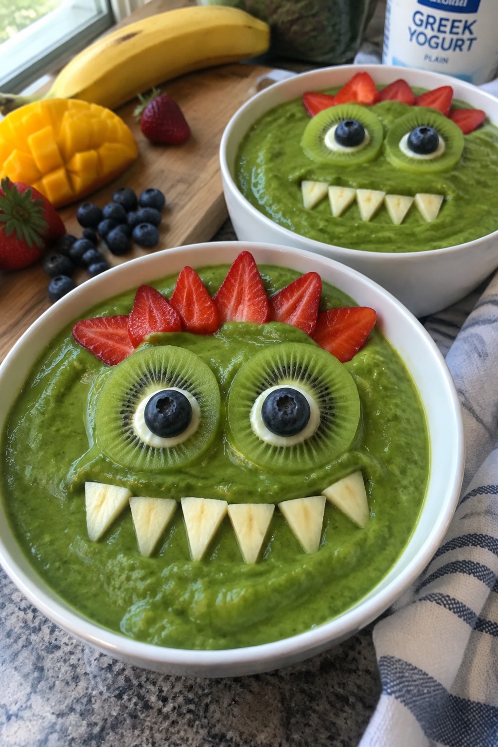 Monster Green Smoothie Bowls with Fresh Fruit Faces