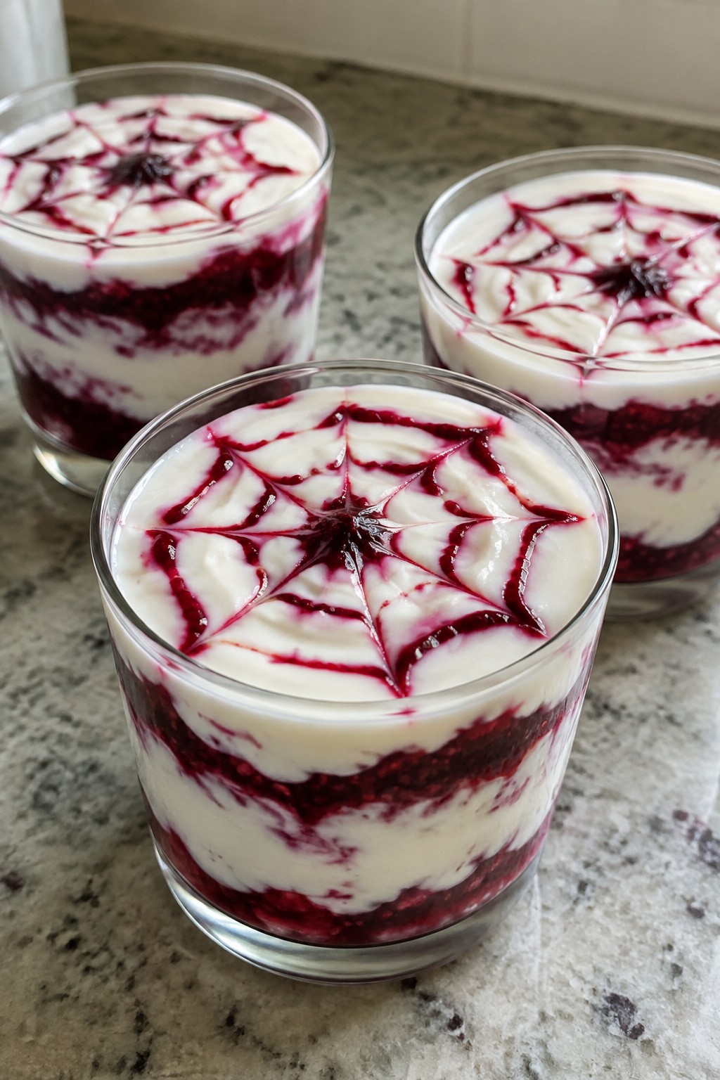 Spiderweb Yogurt Parfaits Layered with Berry Sauce