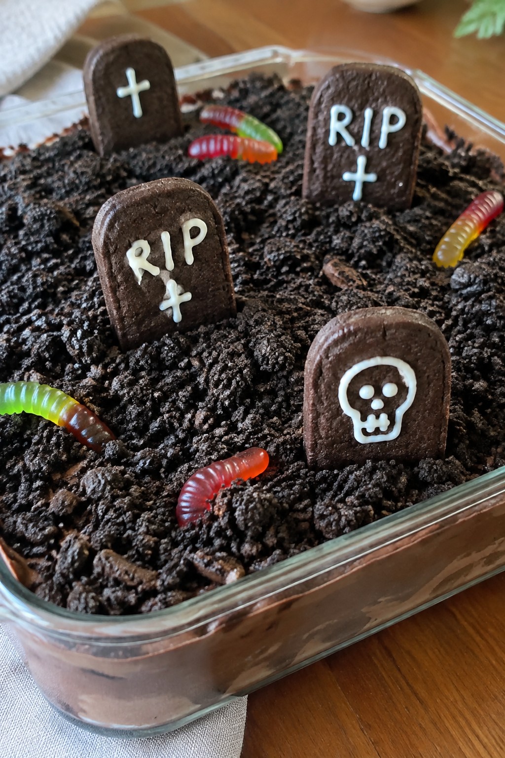 Graveyard Chocolate Dirt Cake with Cookie Tombstones