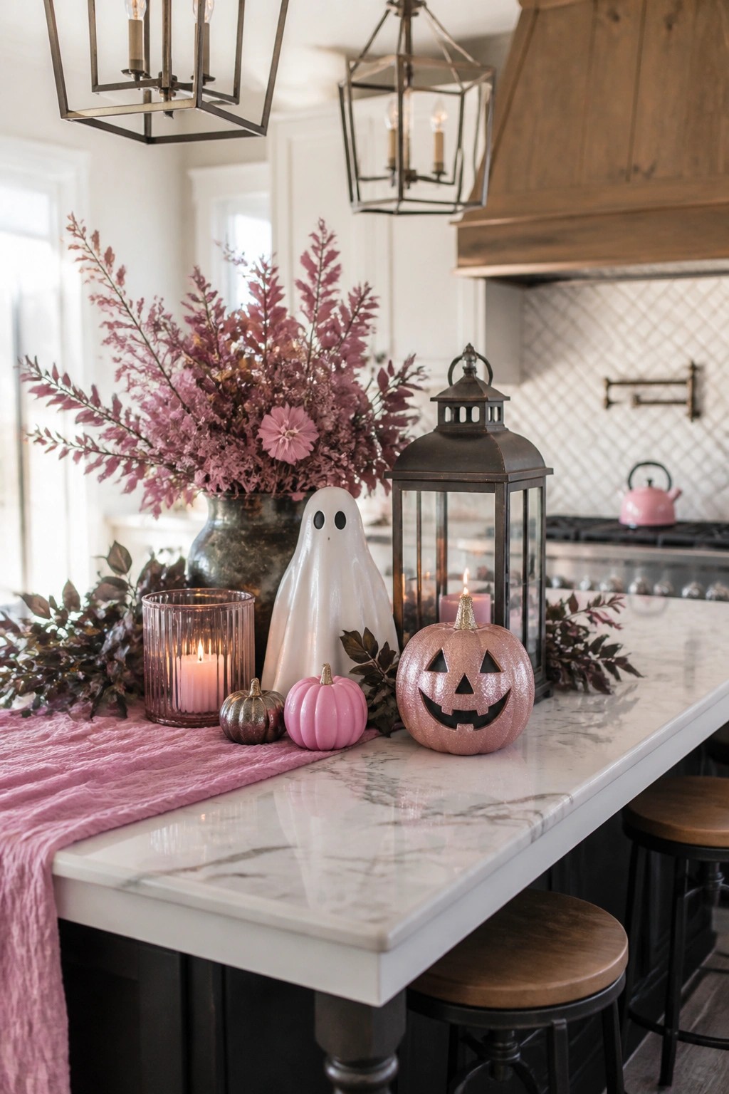 Pink Halloween decor with ghost, glitter pumpkin, candles on marble kitchen island