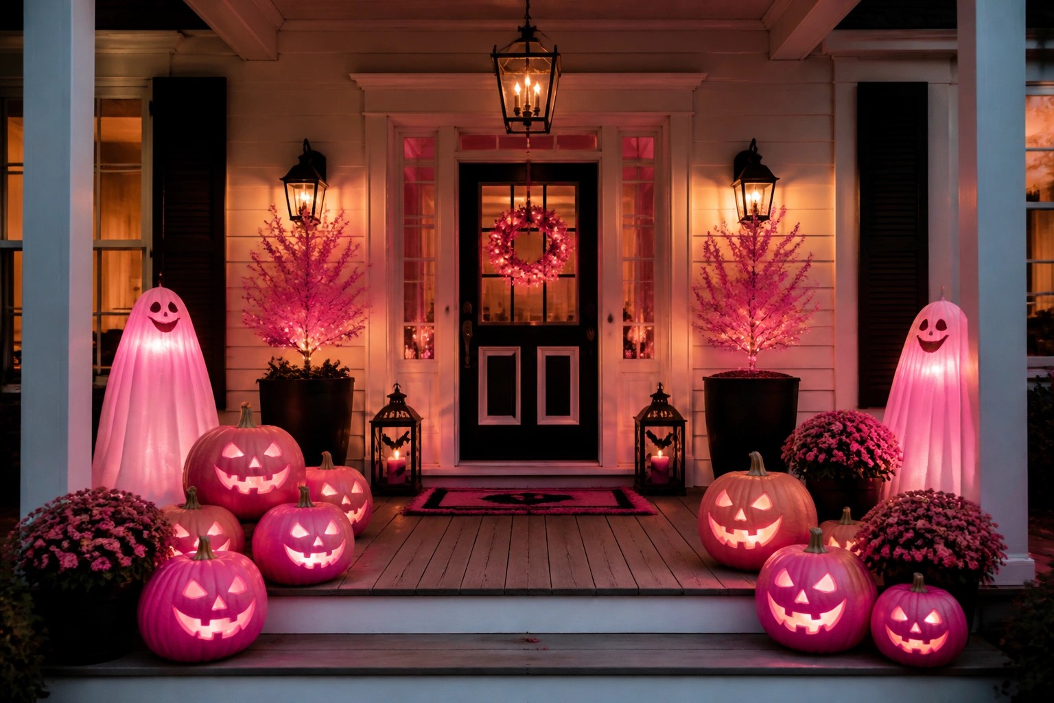 Festive Halloween porch with glowing pink pumpkins, carved jack-o'-lanterns, and purple flowers.