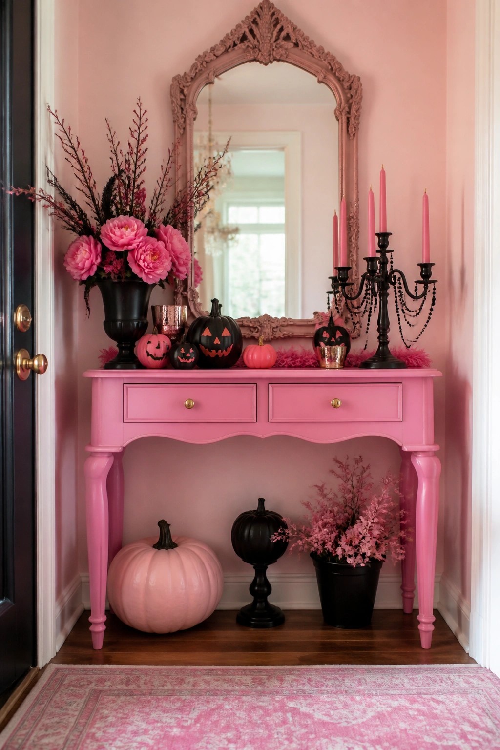 Pink console table in an entryway styled with multiple pink and black jack o lanterns, a black candelabra holding pink candles, and floral arrangements on either side.