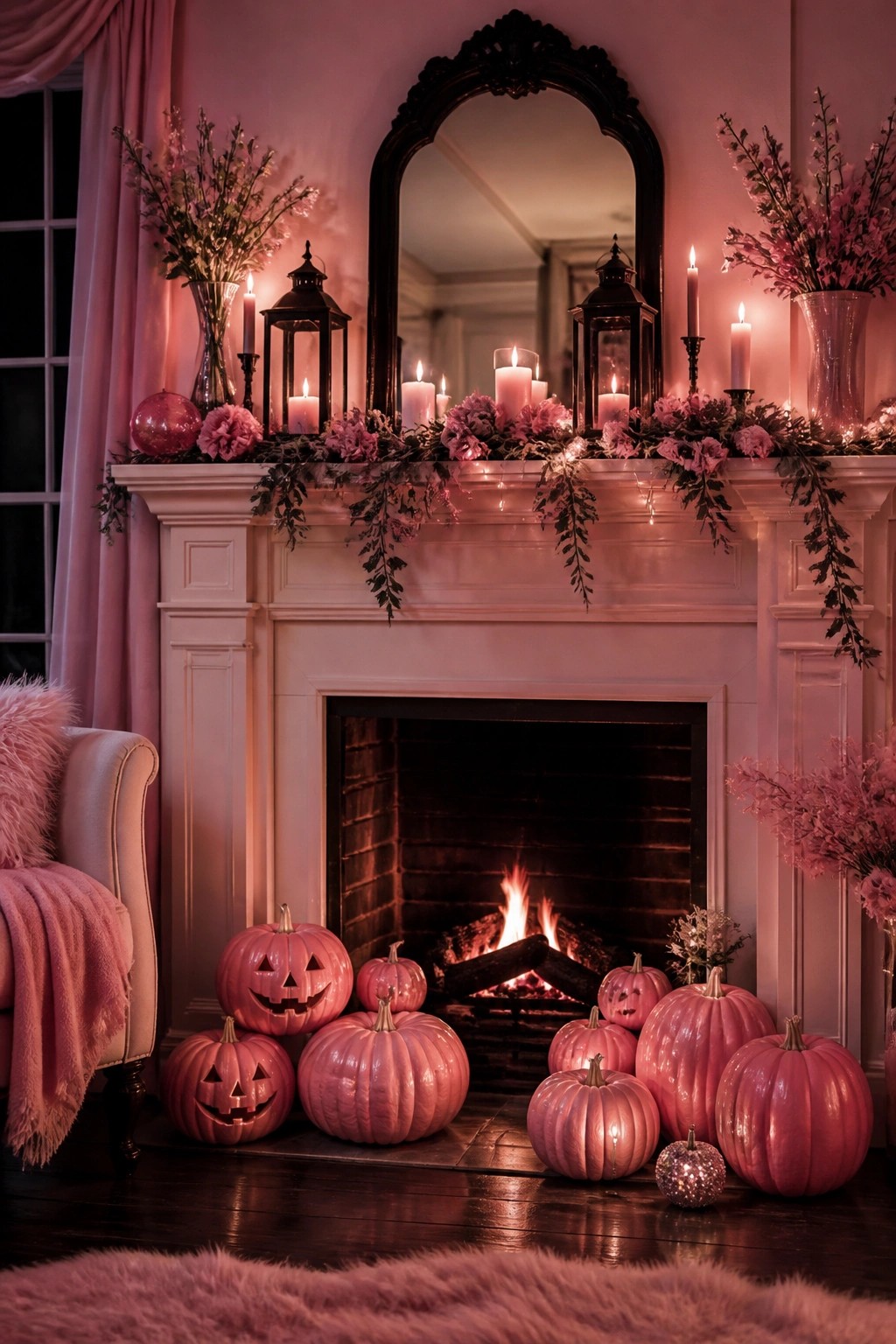 White fireplace mantel styled with pink flowers, candles, and lanterns above a hearth filled with glossy pink jack o lanterns.