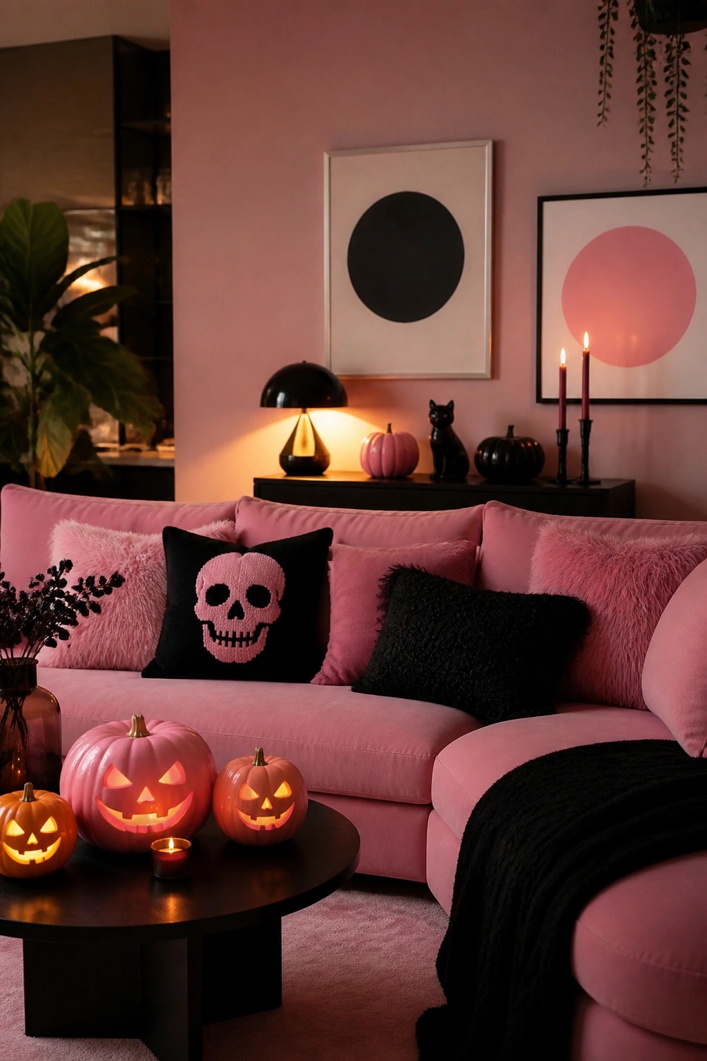 Pink sofa with carved glowing jack o lanterns on a black coffee table, a skull pillow, and a black cat figurine in the background.