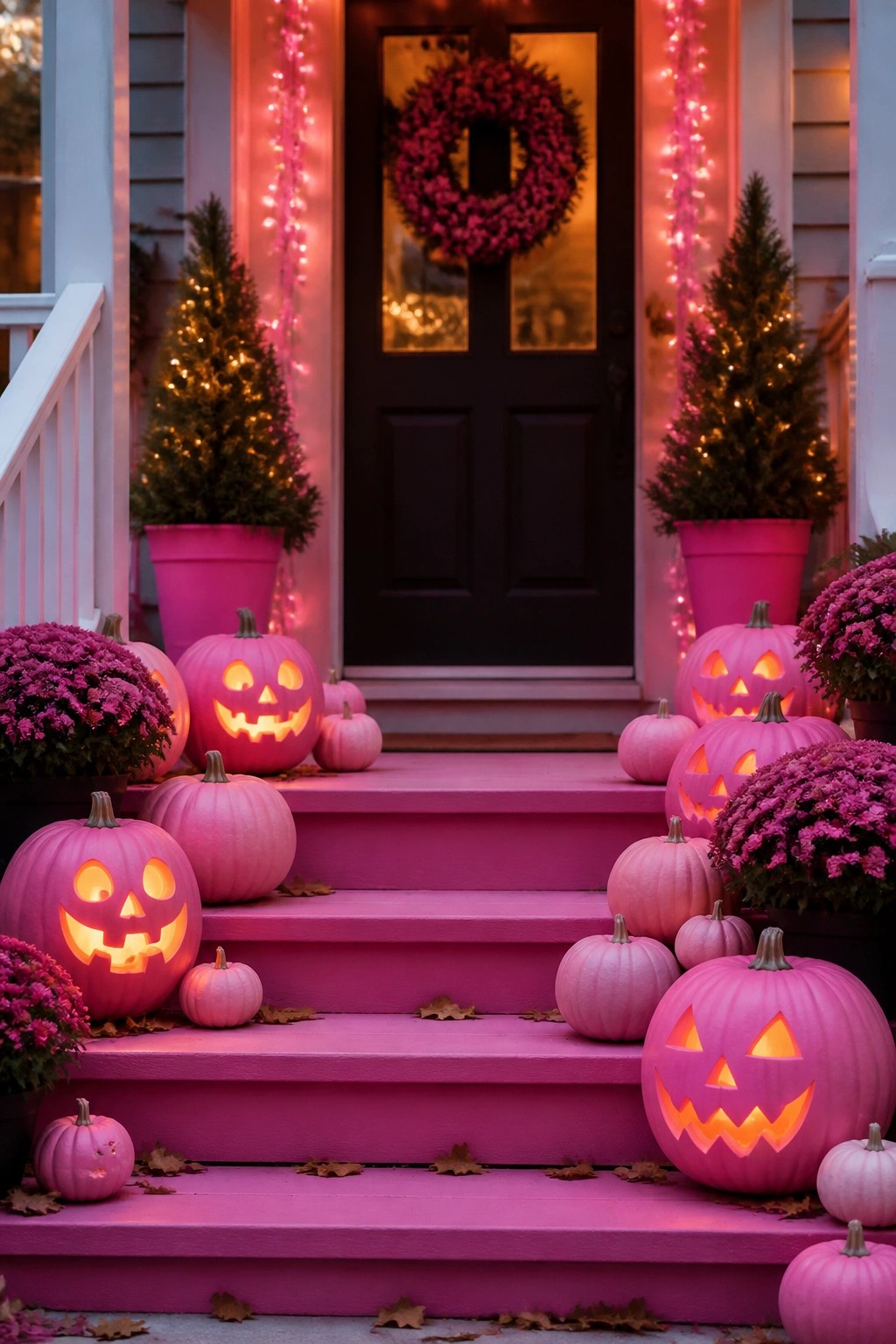 Front steps painted pink and covered with multiple carved pink jack o lanterns that glow from within, surrounded by pink planters and string lights.