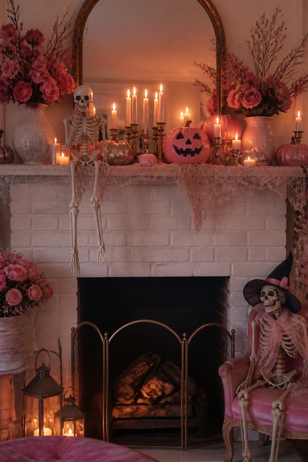 White brick fireplace mantel styled with a hanging skeleton, pink jack-o'-lanterns, candles, and a seated skeleton wearing a witch hat.