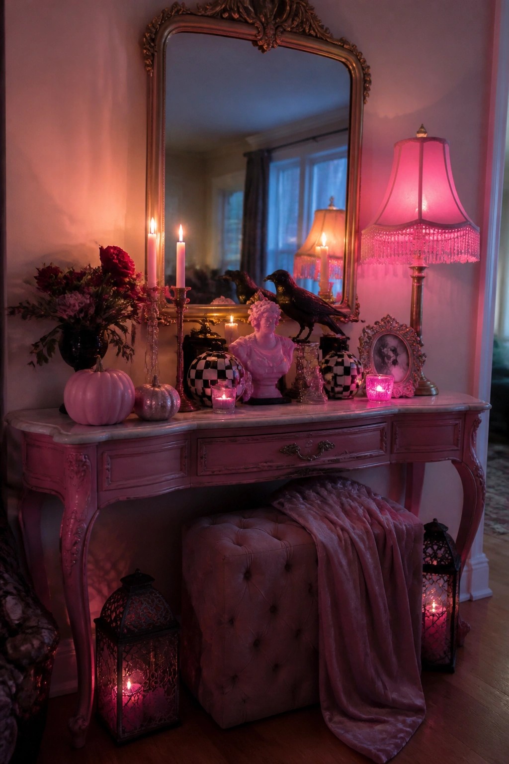 Pink console table decorated for Halloween with pink pumpkins, black crows, a bust, checkered orbs, and lit candles.