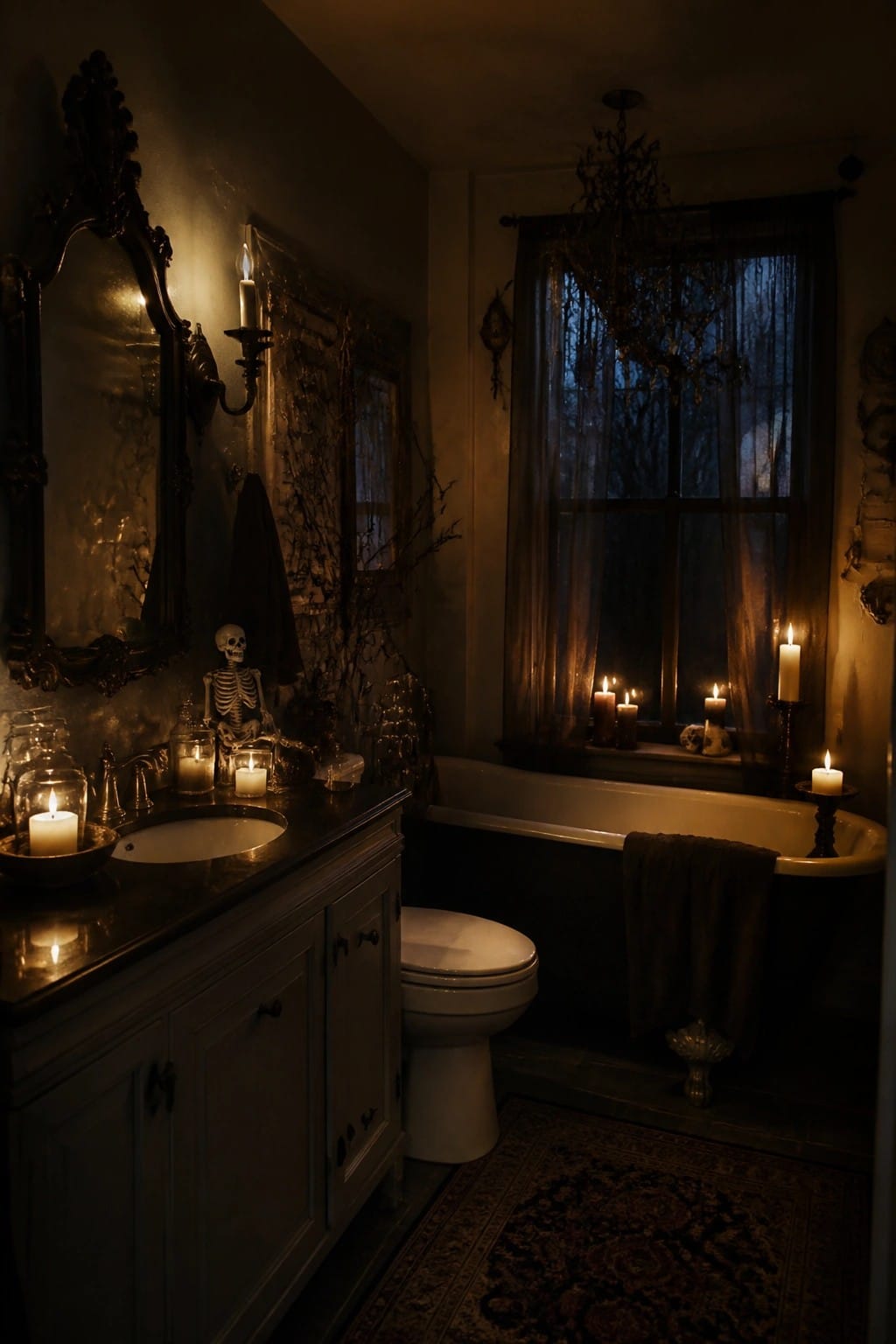 Bathroom vanity with a small skeleton figure and lit candles arranged on a dark countertop for Halloween.