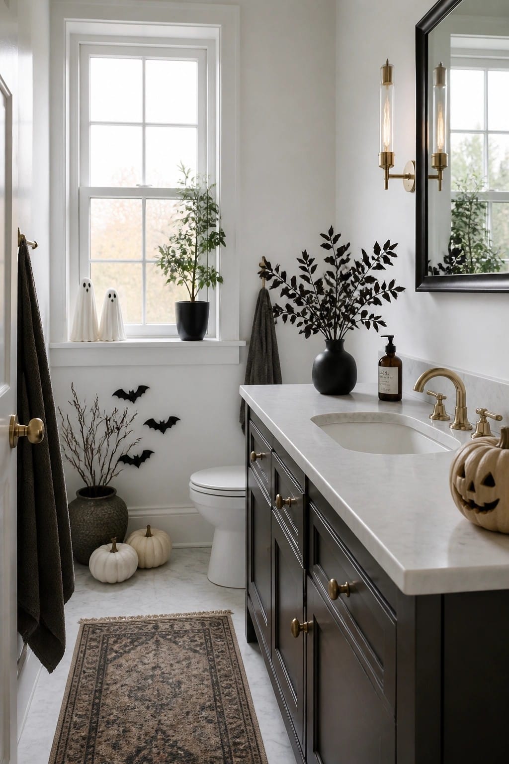 Bathroom with dark vanity, marble counter, carved pumpkin, black bats on the wall, and two ghost figures on the windowsill.
