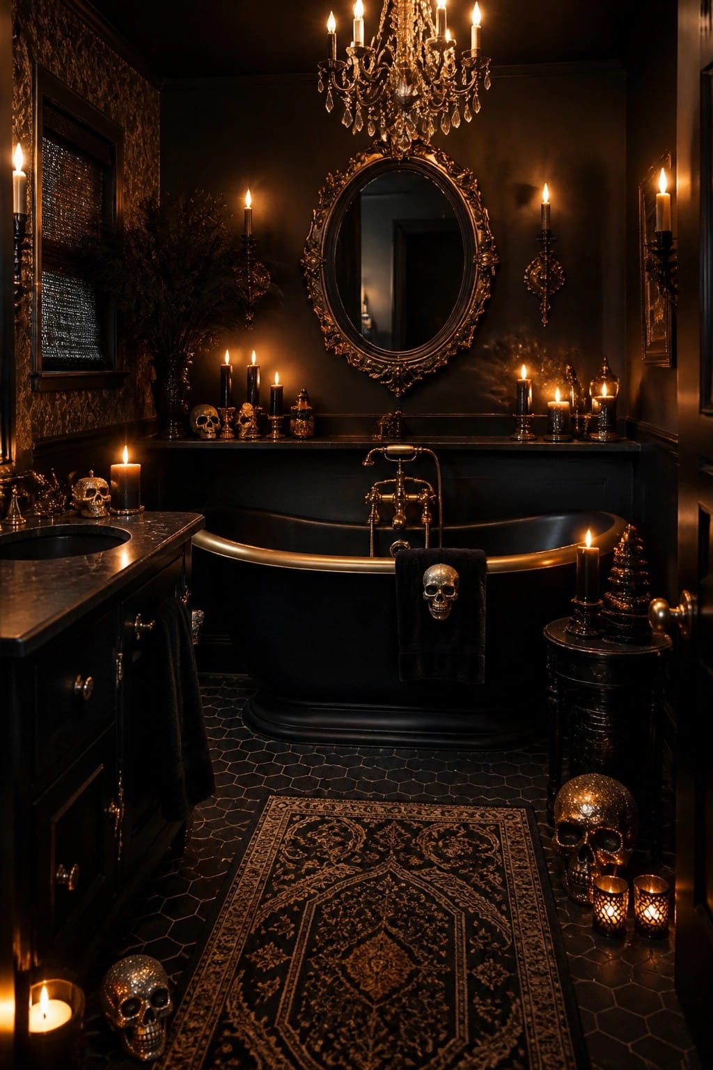 Dark bathroom featuring a black clawfoot tub with multiple skulls placed on the ledge, a skull on a black towel, and additional skulls on the floor and vanity.