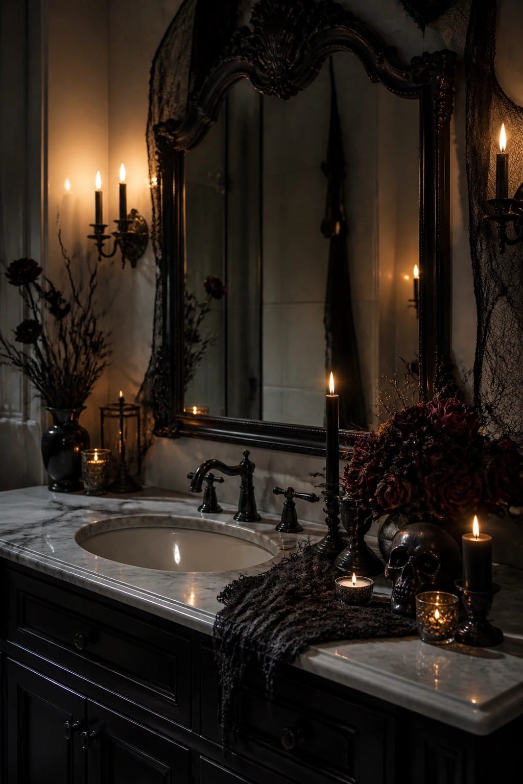 Bathroom vanity with a metallic skull, black candles, and dark floral arrangements on a marble countertop beside an ornate mirror.