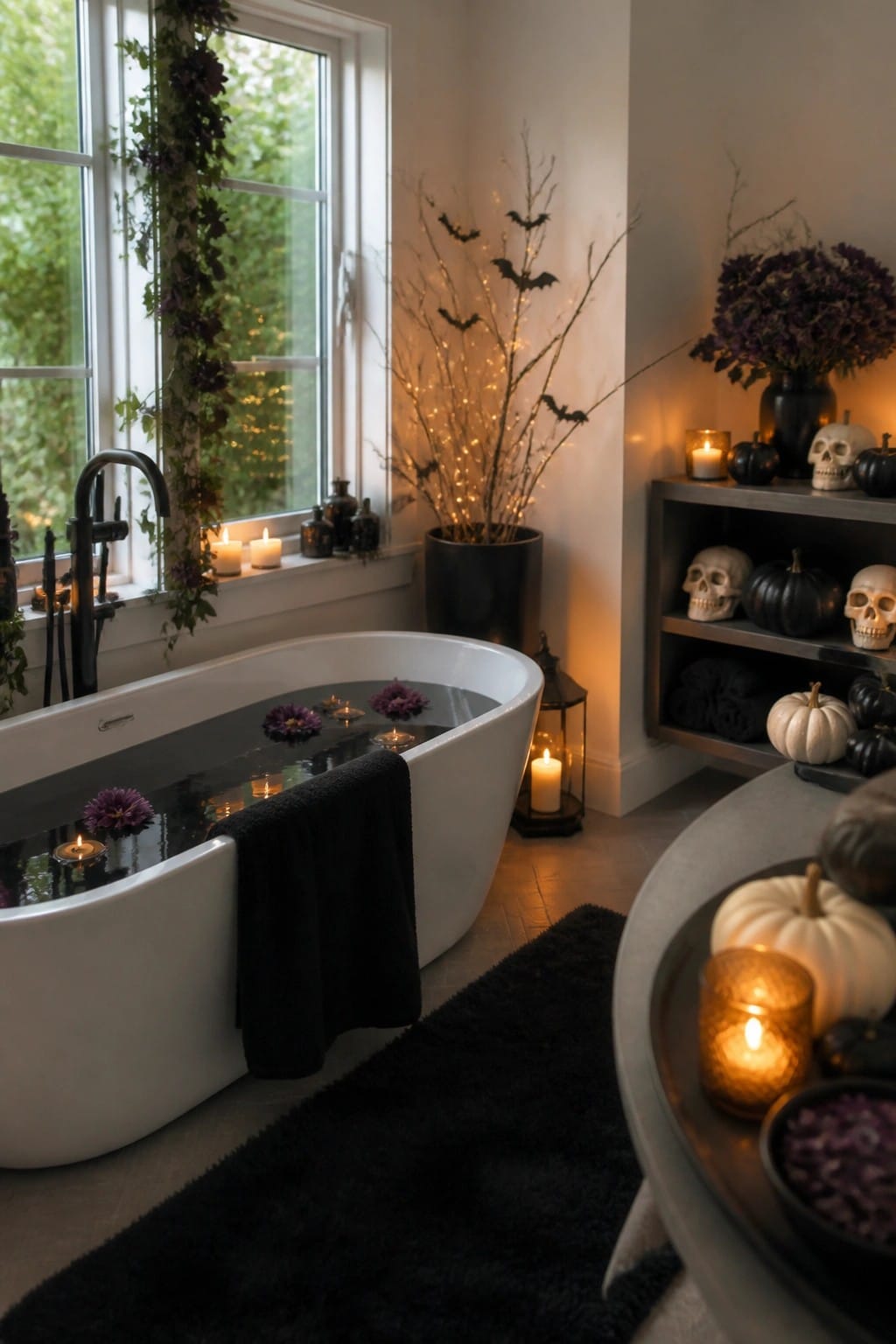 White freestanding bathtub filled with dark water and floating flowers, next to a large black vase holding bare branches decorated with bats.