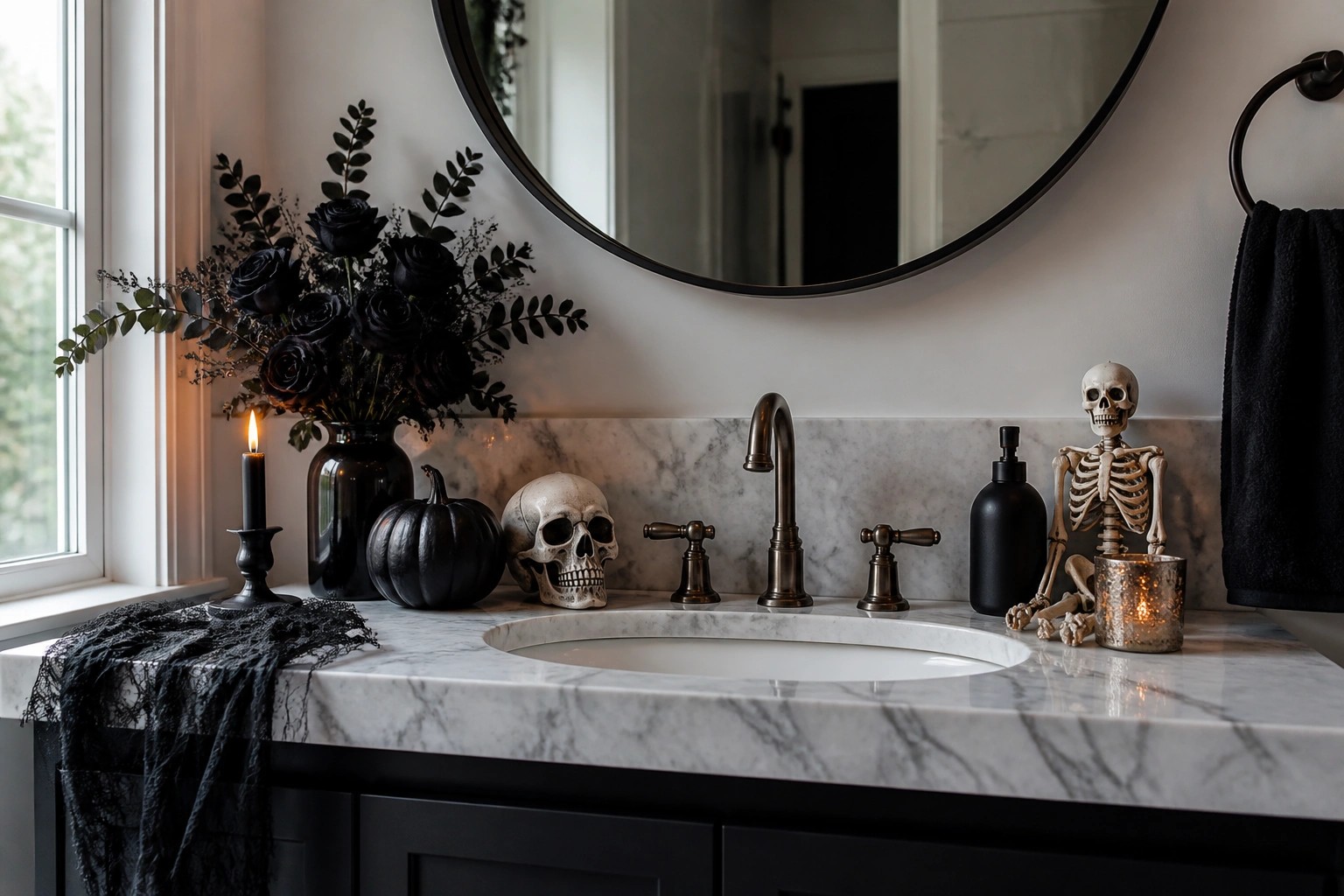 Bathroom vanity featuring a skull, black branches in a vase, small pumpkins, and a lit candle on the dark countertop.