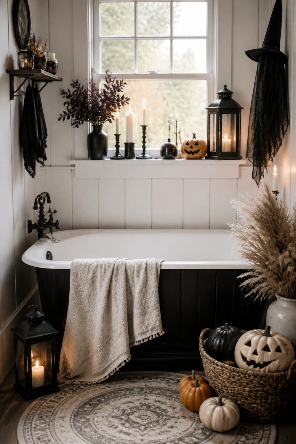 Bathroom with white bathtub, black and white carved pumpkins in a basket, black lanterns, and a witch hat hanging on the wall.