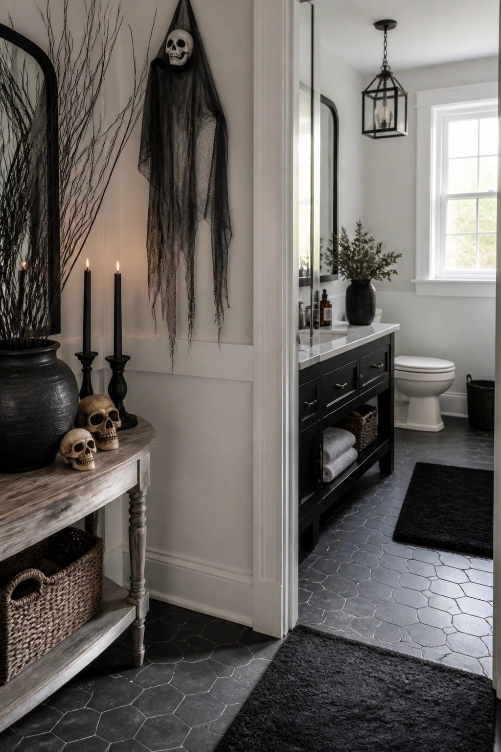 Bathroom entrance with a hanging black mesh ghost on the wall beside a console table holding skulls and black candles.