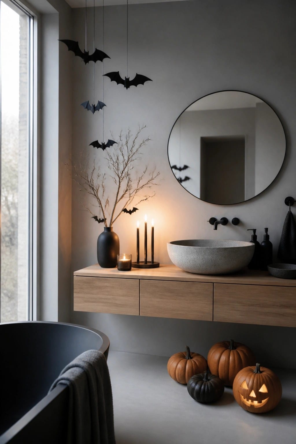 Minimalist gray bathroom with floating wood vanity, hanging bats, and jack-o'-lanterns.