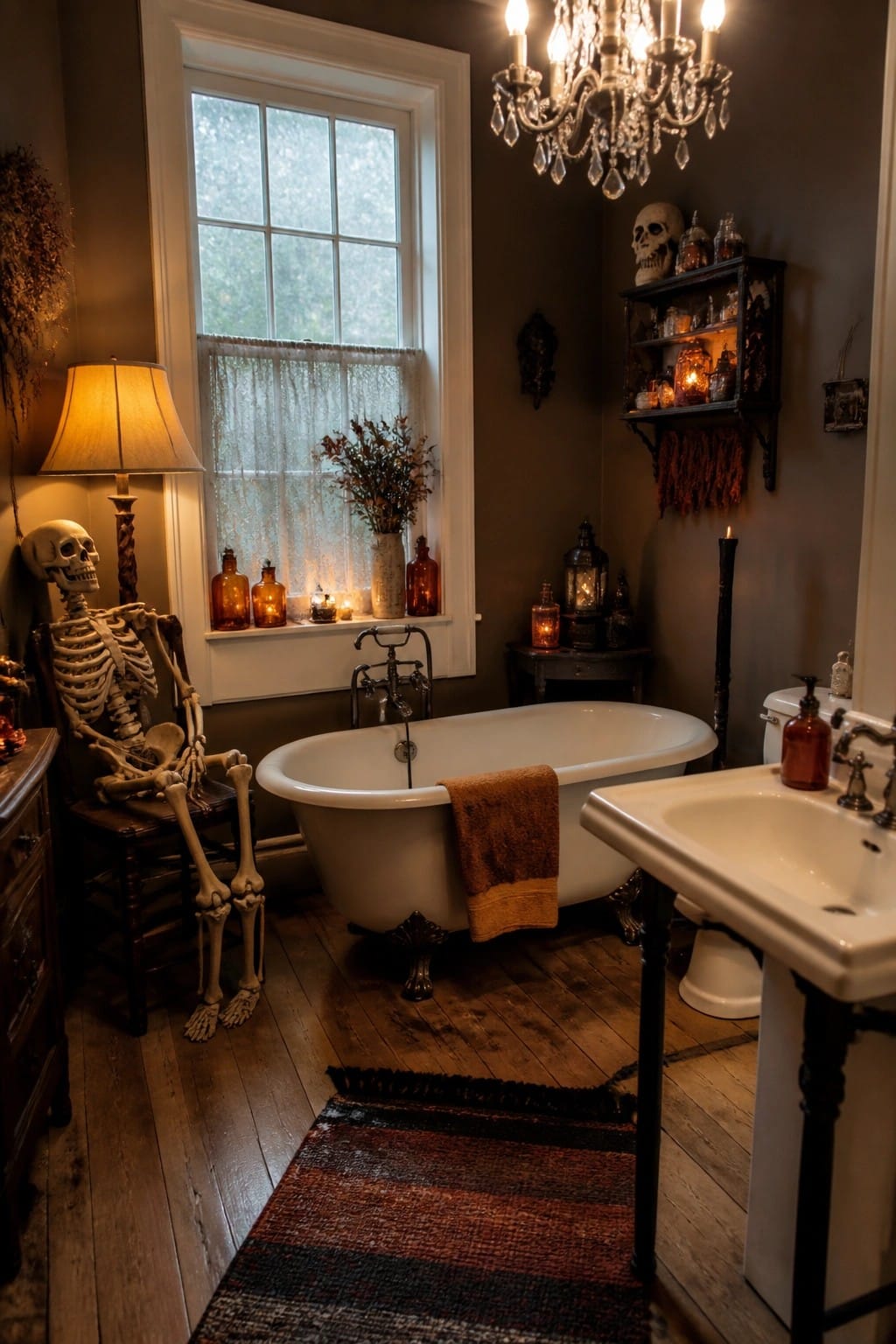 A bathroom with a skeleton seated in a wooden chair next to a clawfoot tub and a window with amber bottles on the sill.