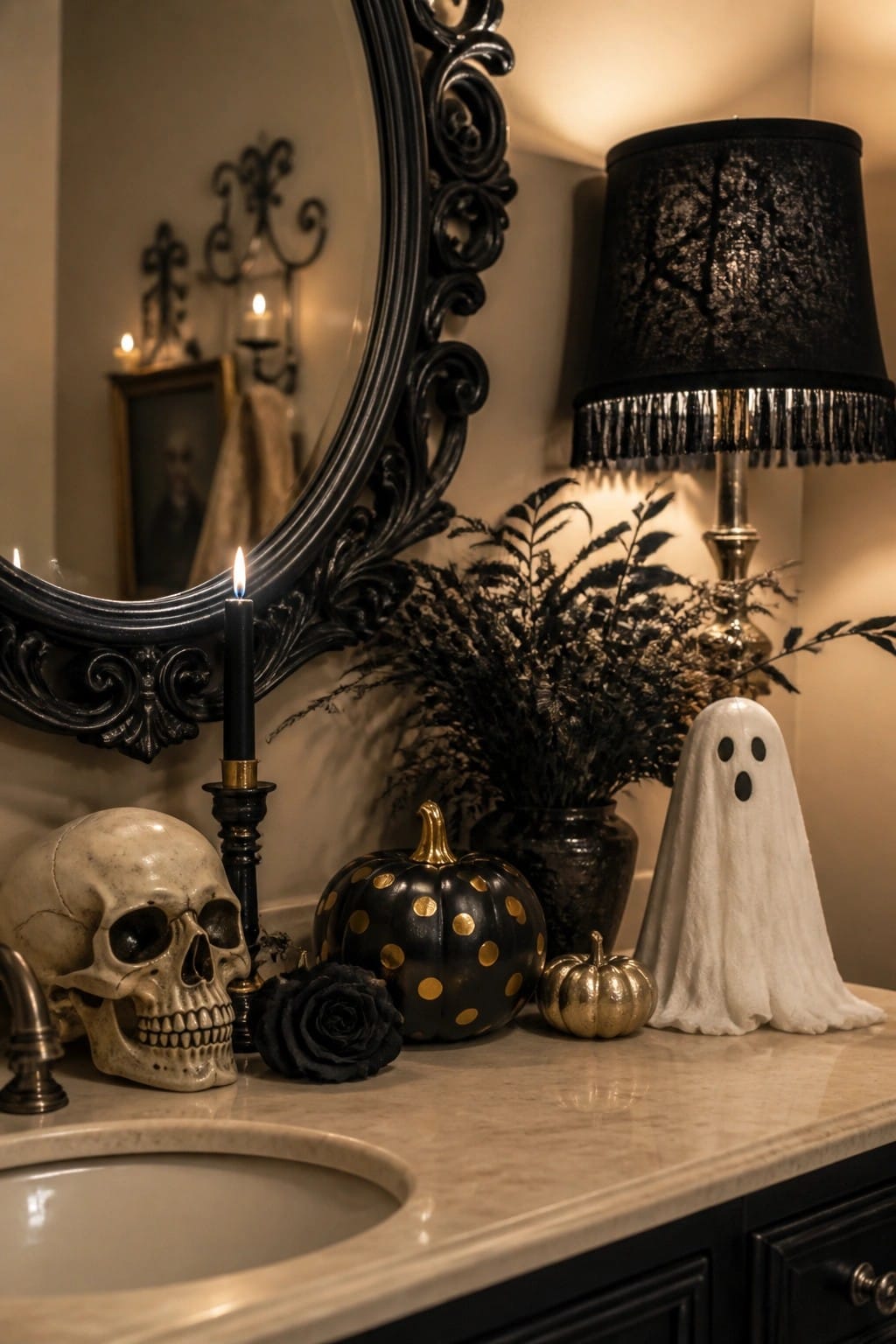 Bathroom vanity with a white ghost figurine, skull, black candle, and black pumpkin with gold dots arranged on marble.