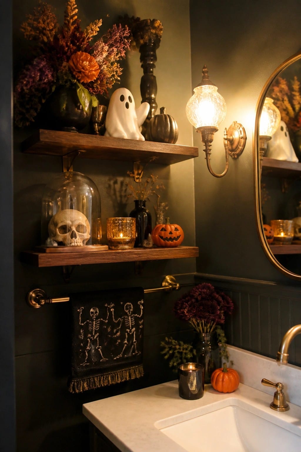 Bathroom with wooden shelves holding a white ghost figurine, skull under glass cloche, small pumpkins, and a black towel with skeleton prints hanging from the bar.