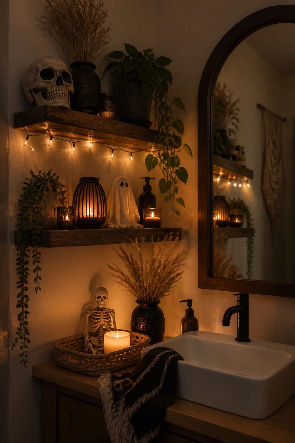 Halloween bathroom with skull, ghost, skeleton, candles, and wooden shelves.