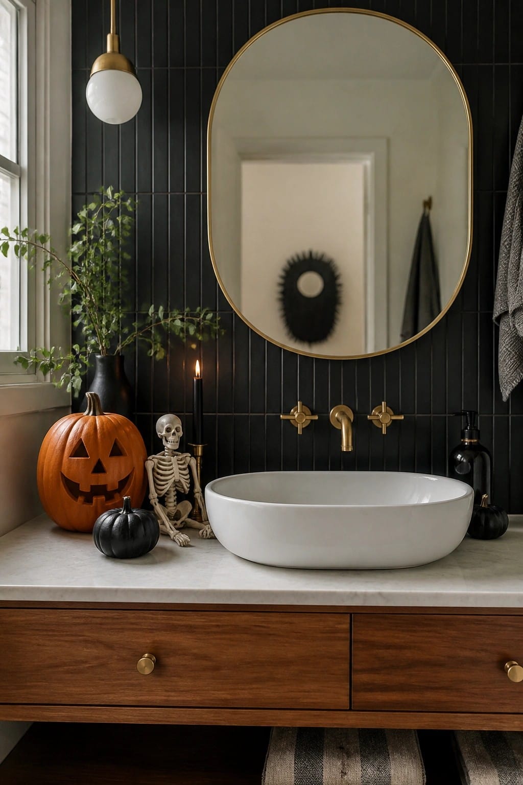 Bathroom vanity countertop featuring a small decorative skeleton seated next to a carved orange pumpkin and a small black pumpkin.