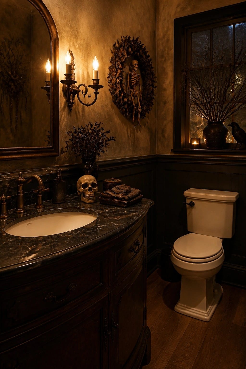 Bathroom vanity with a skeleton wreath on the wall and a skull resting on the dark marble countertop.