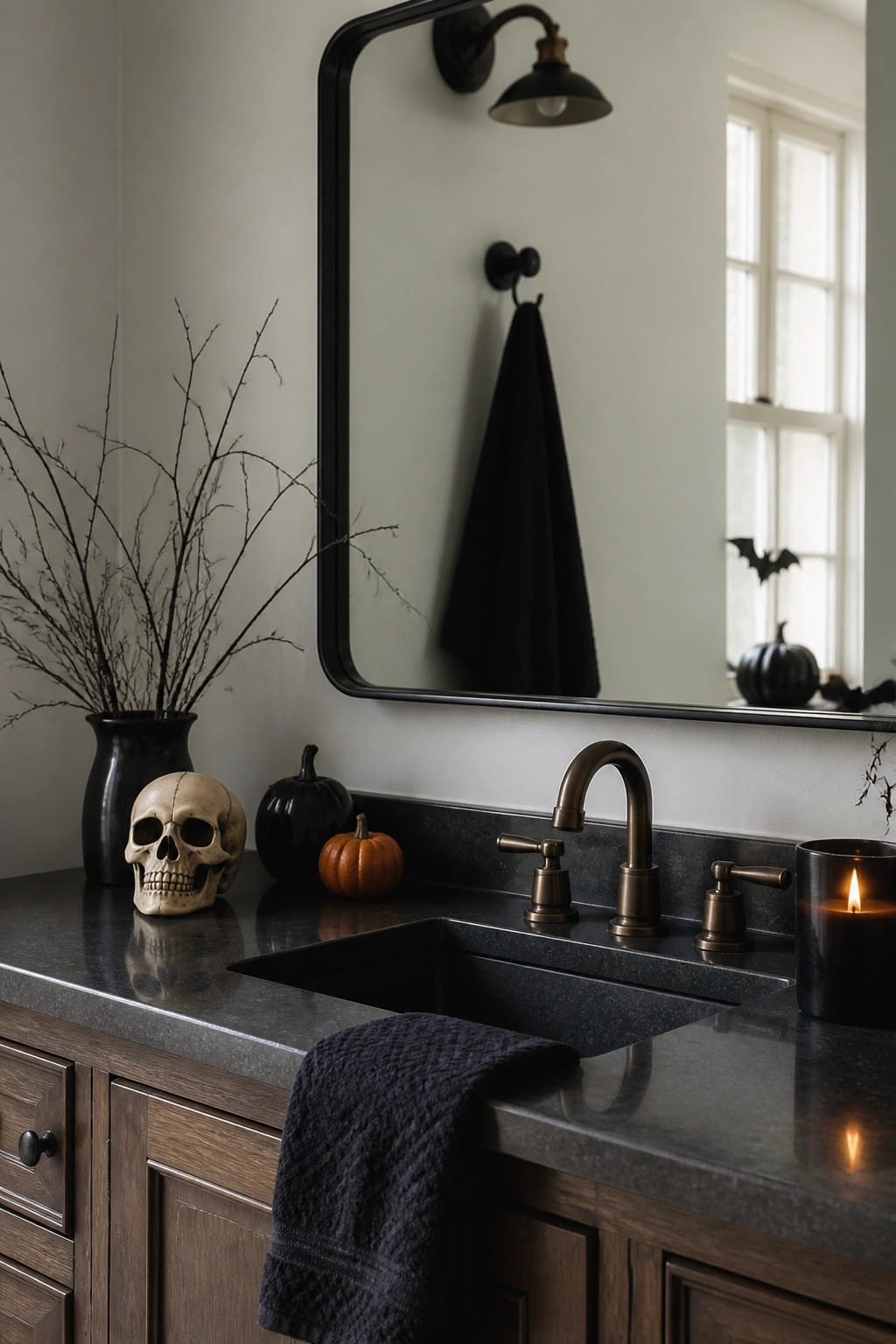 Bathroom vanity featuring a skull, black branches in a vase, small pumpkins, and a lit candle on the dark countertop.
