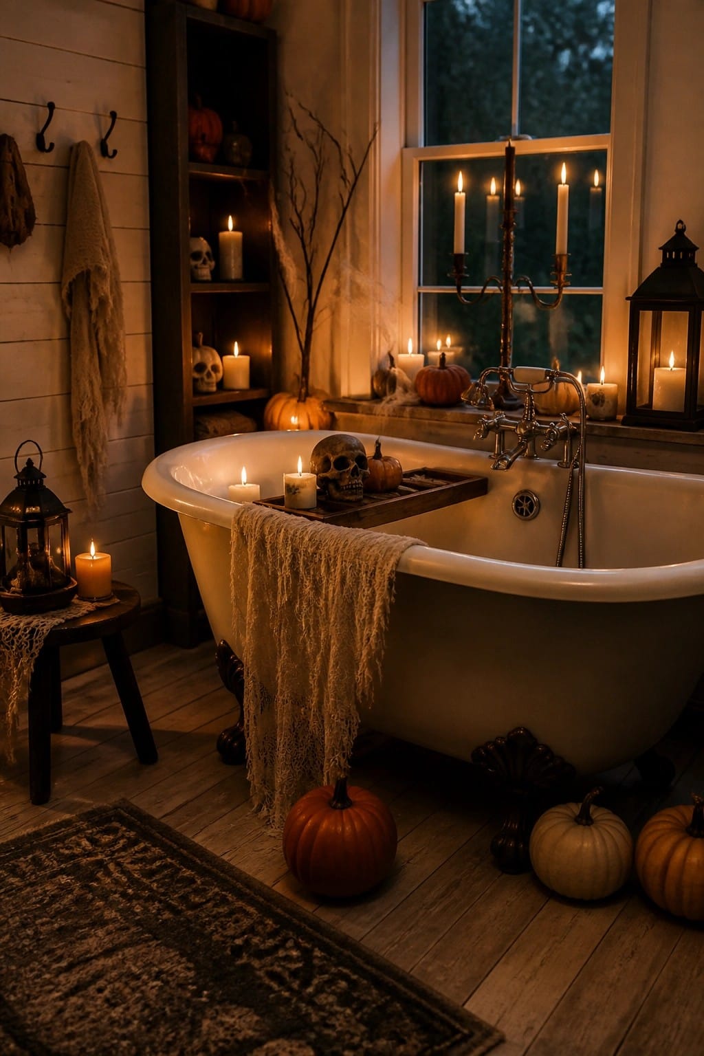 Clawfoot bathtub with a human skull centered on a wooden tray, surrounded by lit candles, small pumpkins, and a draped cloth.