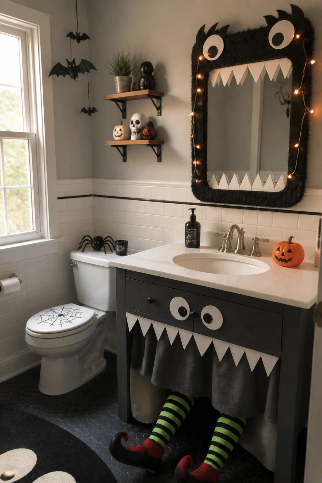 Bathroom vanity styled as a Halloween monster with a black fur mirror frame featuring large eyes and white teeth, plus matching teeth on the cabinet and striped legs with shoes visible below.