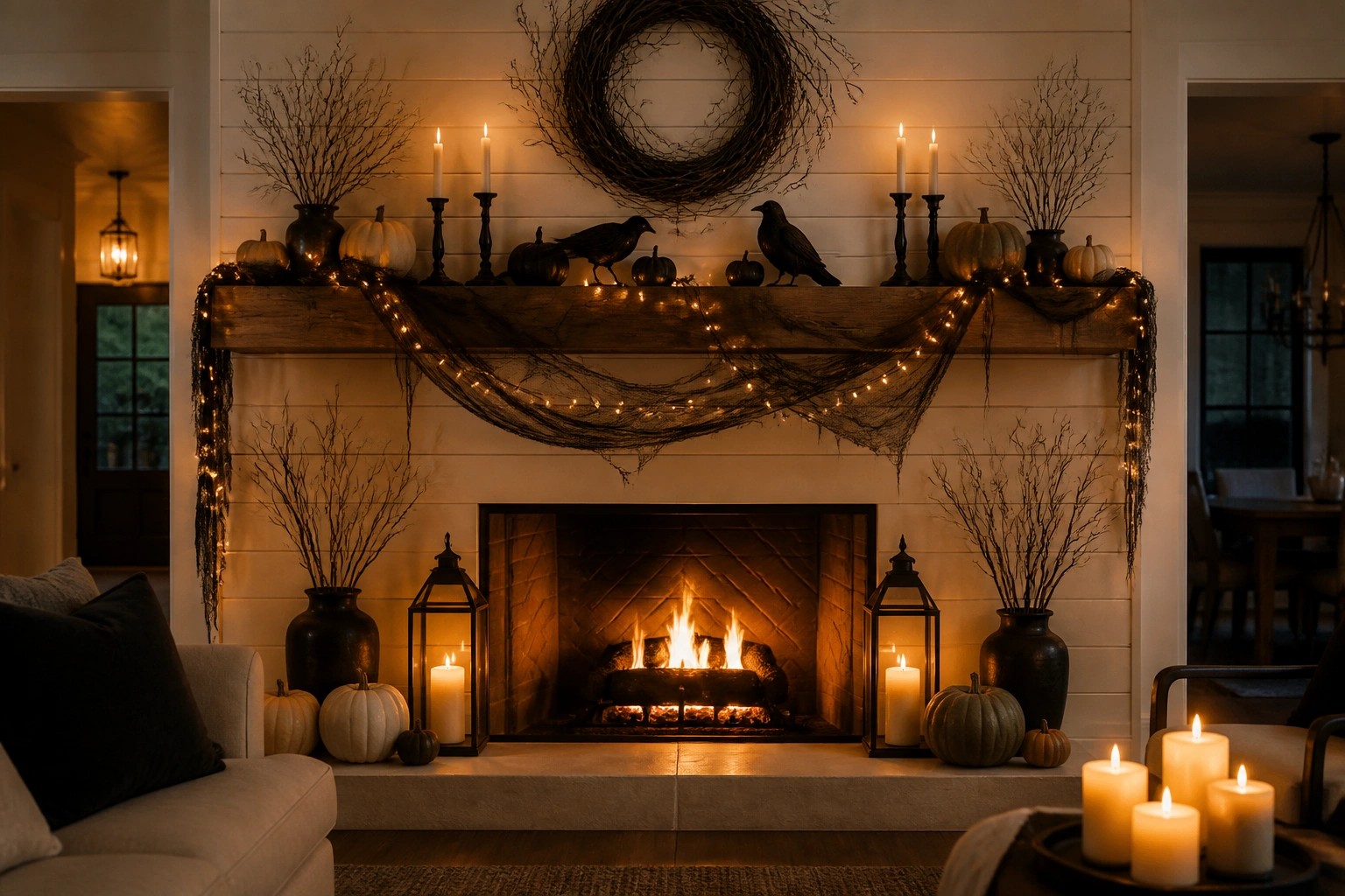 Marble fireplace mantel styled for Halloween with pumpkins, a black crow, candles, and black webbing draped across the front.