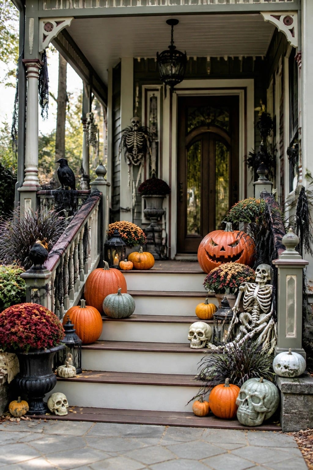 Halloween porch stairs with carved pumpkins, skeletons, skulls, crows, and autumn flowers.