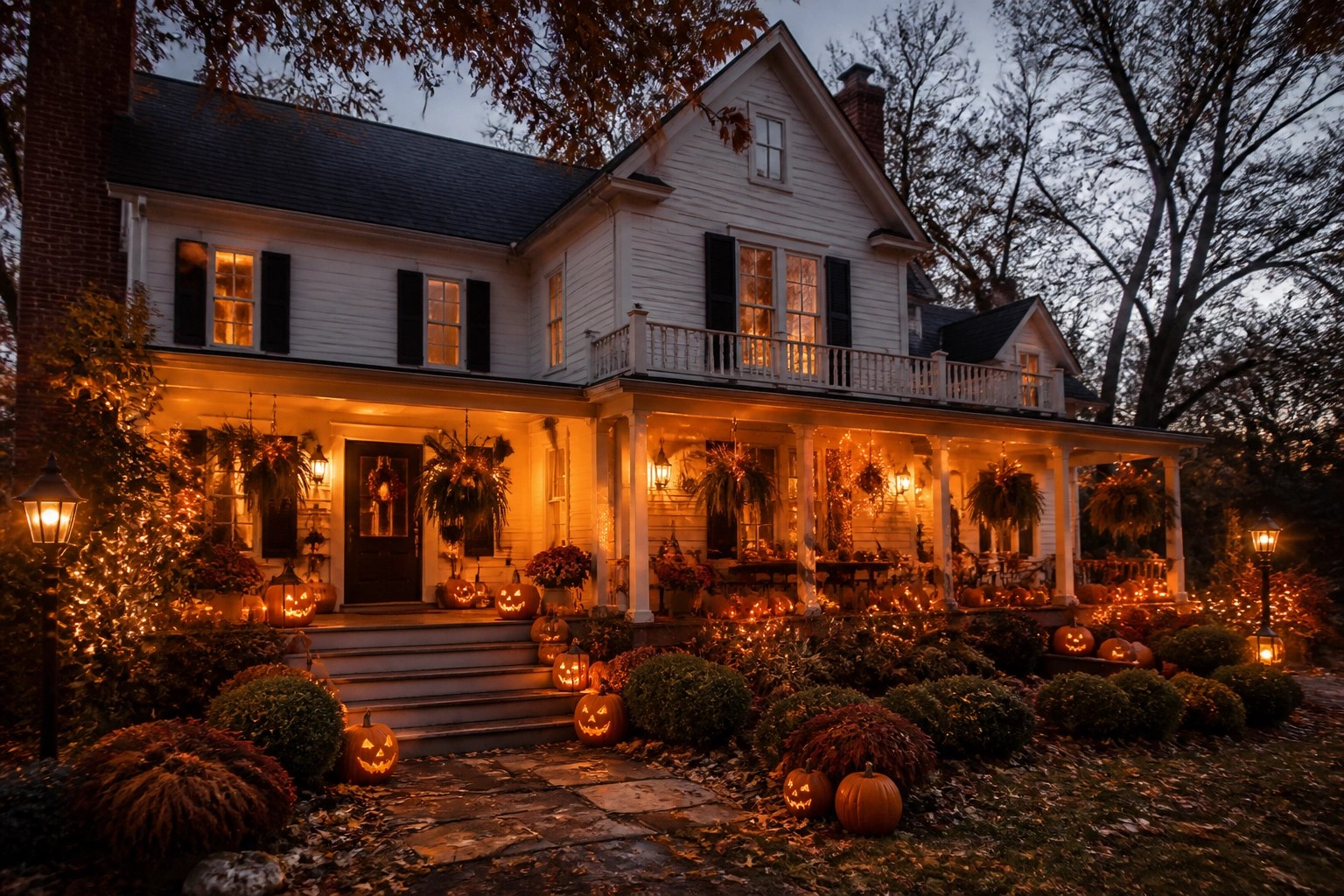 Stone walkway lined with orange pumpkins and glowing lanterns leading to a white house porch at dusk.