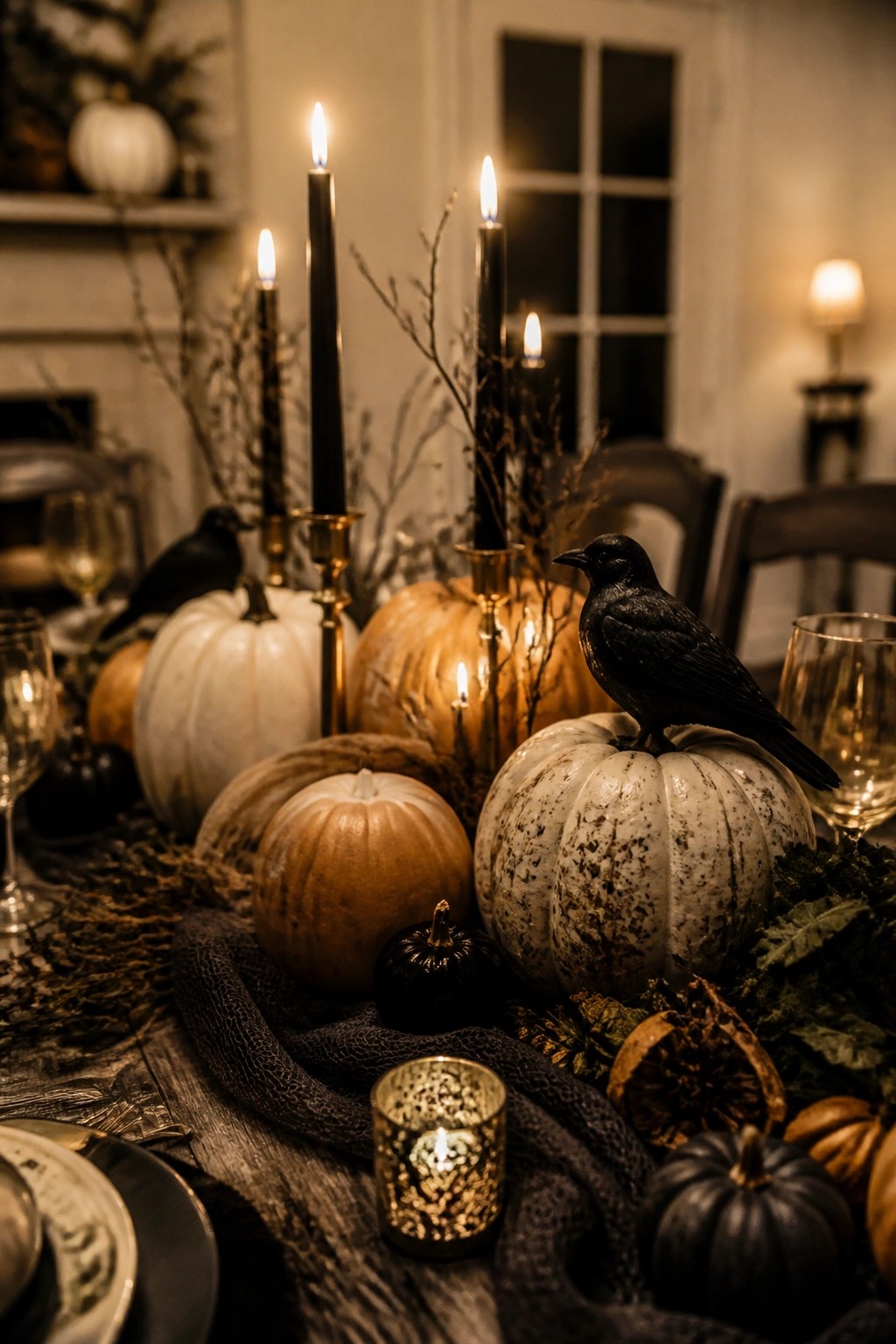 Autumn table with white pumpkins, lit black candles, black crows, and dark foliage.